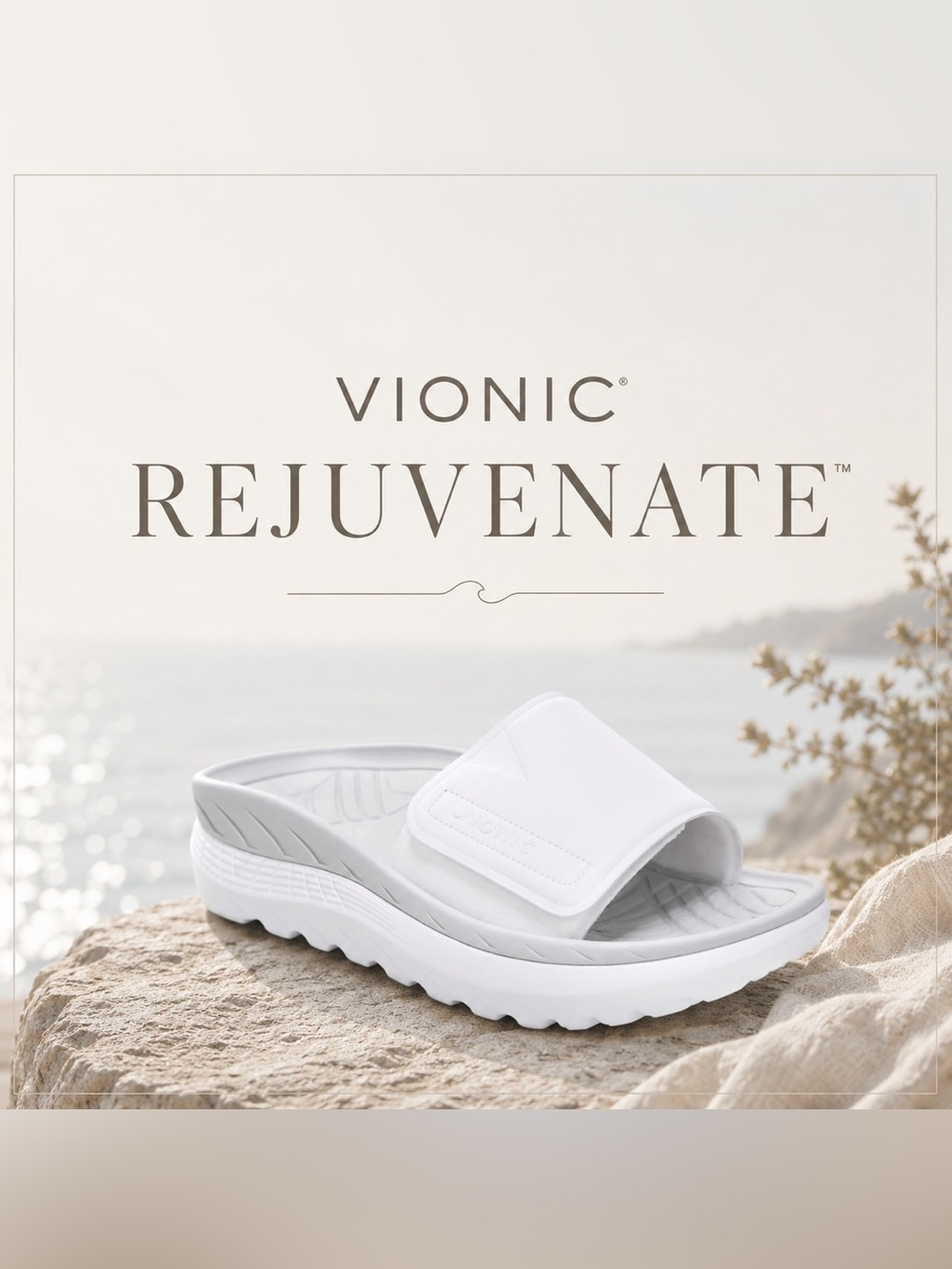 Vionic White Adjustable Slide Sandal with Gray Footbed